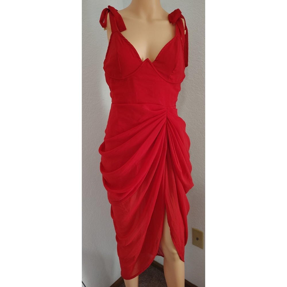 Pretty Little Thing Red Chiffon Ruched Tie Strap V-Neck Midi Dress - Size 6